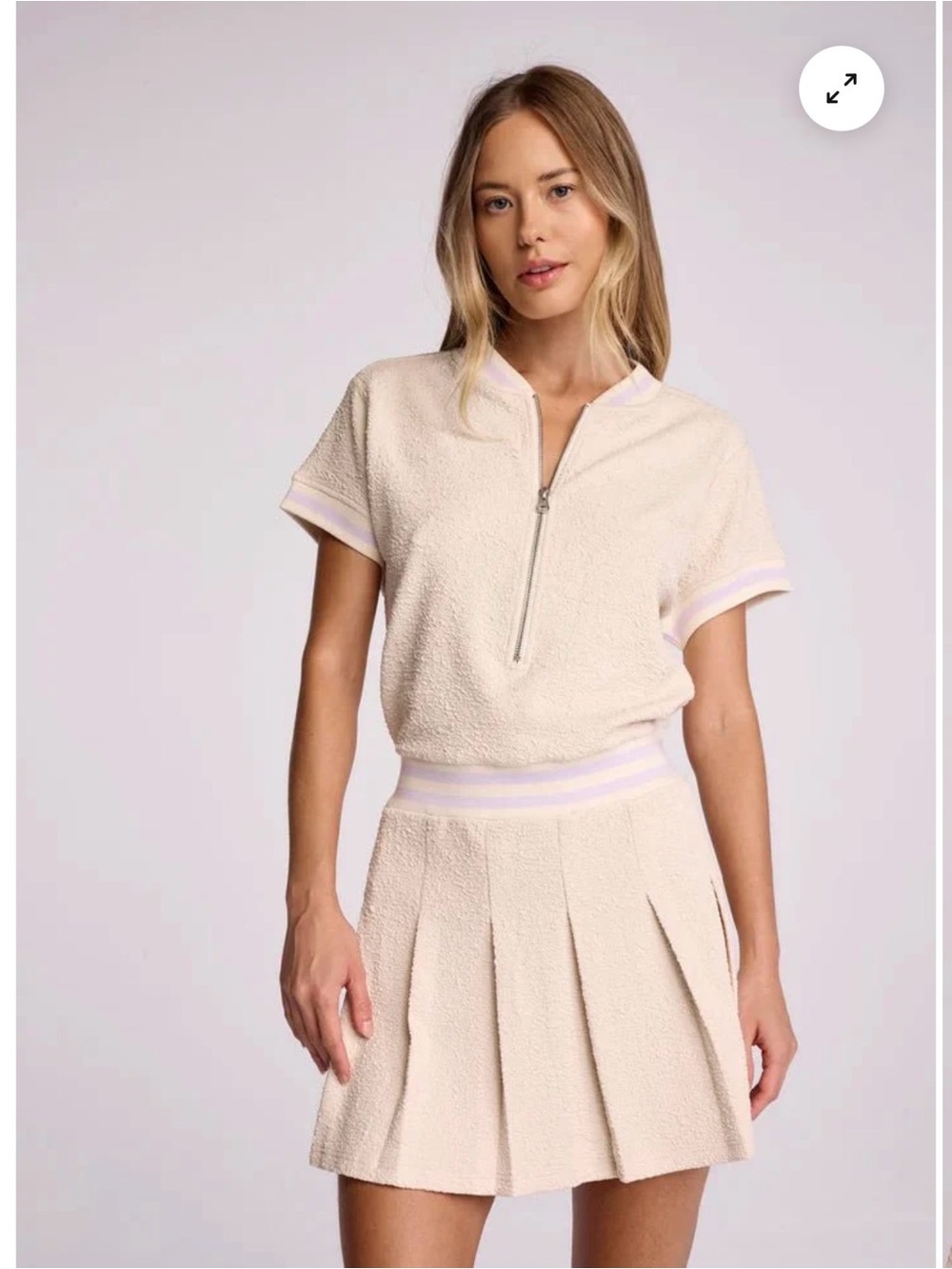 sundays Cream Terry Short-Sleeve Zip Top and Skirt with Lilac Trim